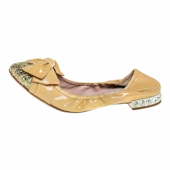 Miu Miu Shoes - Miu Miu Bow Ballet Flats Nude Patent Leather Gold Glitter Cap Toe EU 40 US 9